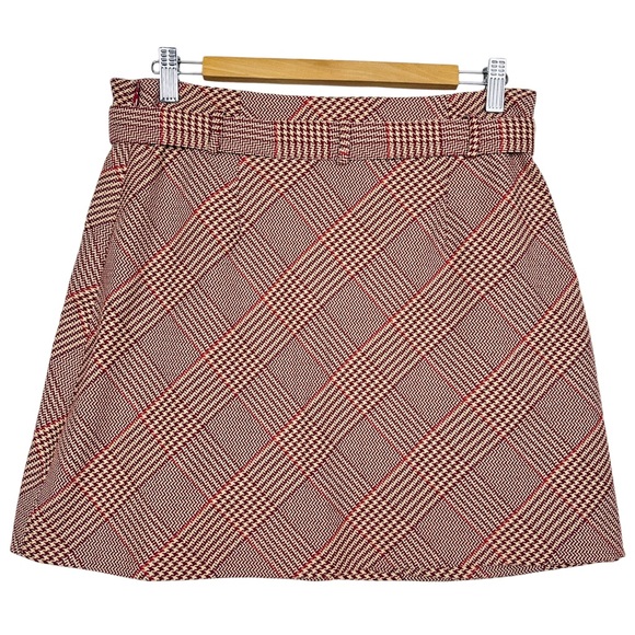 H&M Y2K Burgundy Glen Plaid Faux Wrap Belted Casual Retro Pencil Mini Skirt 10 - Picture 3 of 9